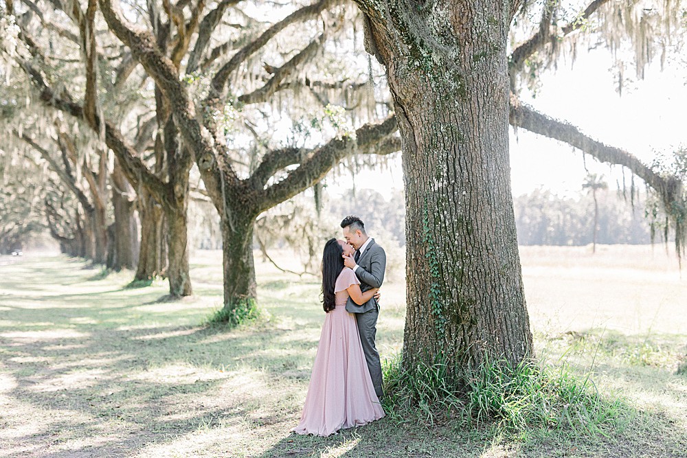 engaged couple at wormsloe historic site