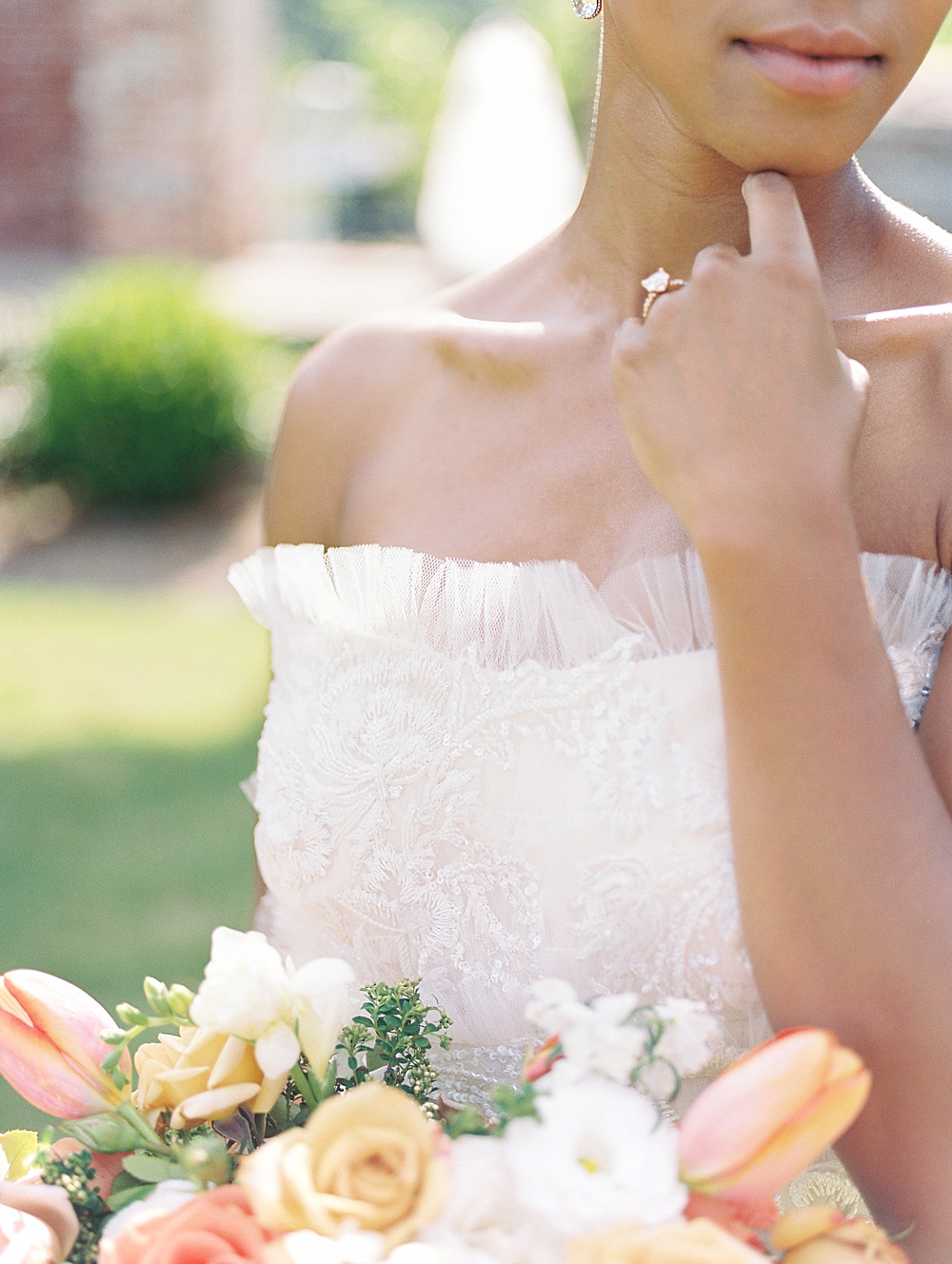 Fringe on the neckline of a wedding dress