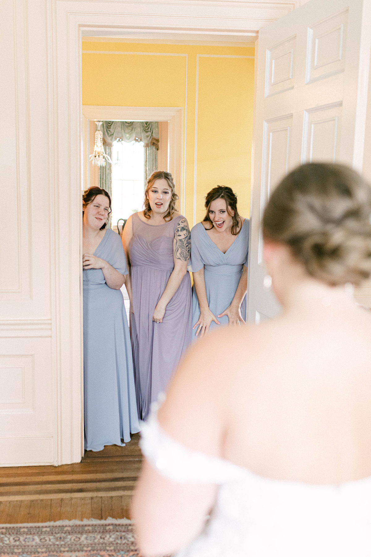 bridesmaids first look at Lowndes Grove in Charleston, South Carolina