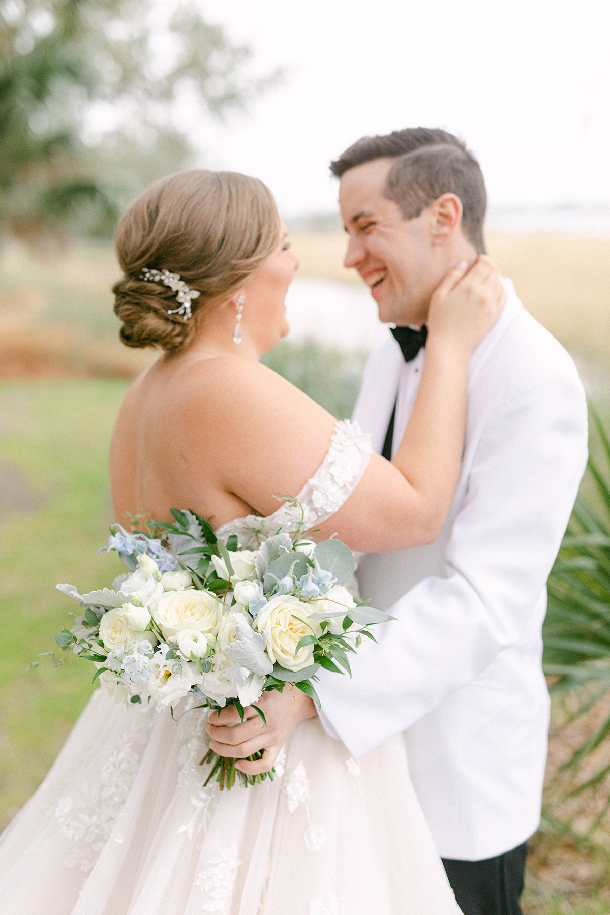 Bride and groom at Lowndes Grove in Charleston