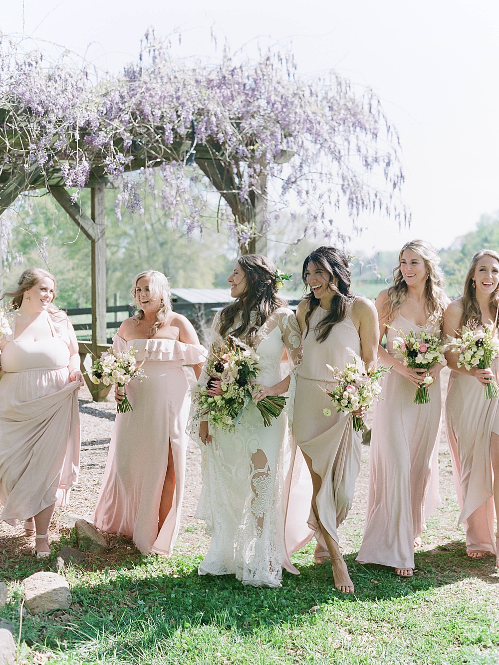 Bridesmaids in front of wisteria at Serenbe Farms