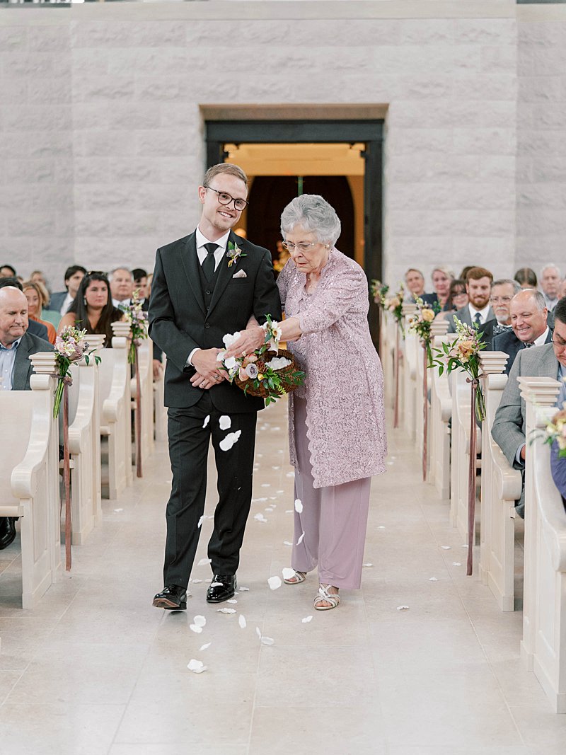 Flower grandma, grandma as a flower girl in wedding ceremony