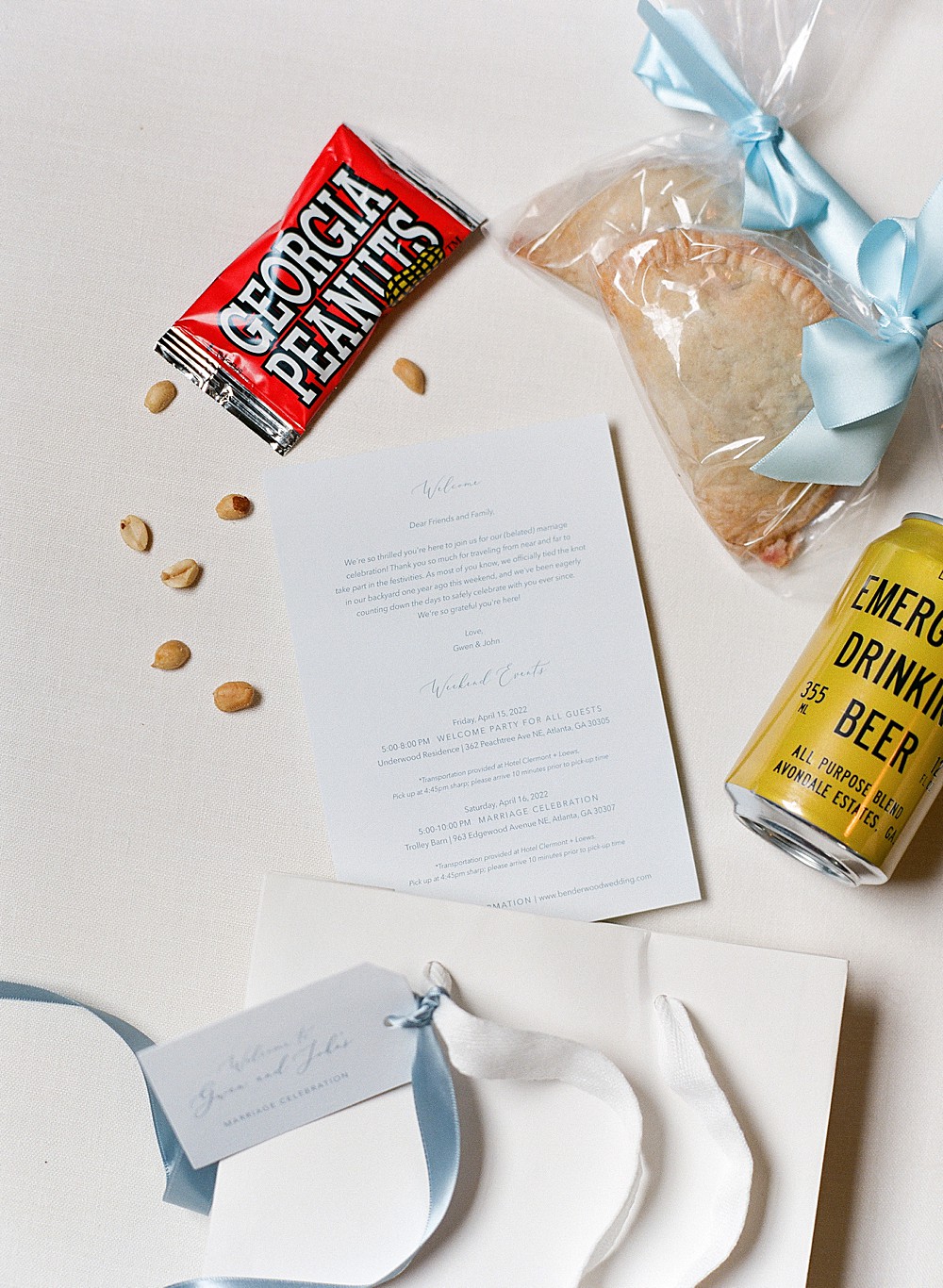 Wedding welcome bag with peanuts and Emergency Drinking Beer