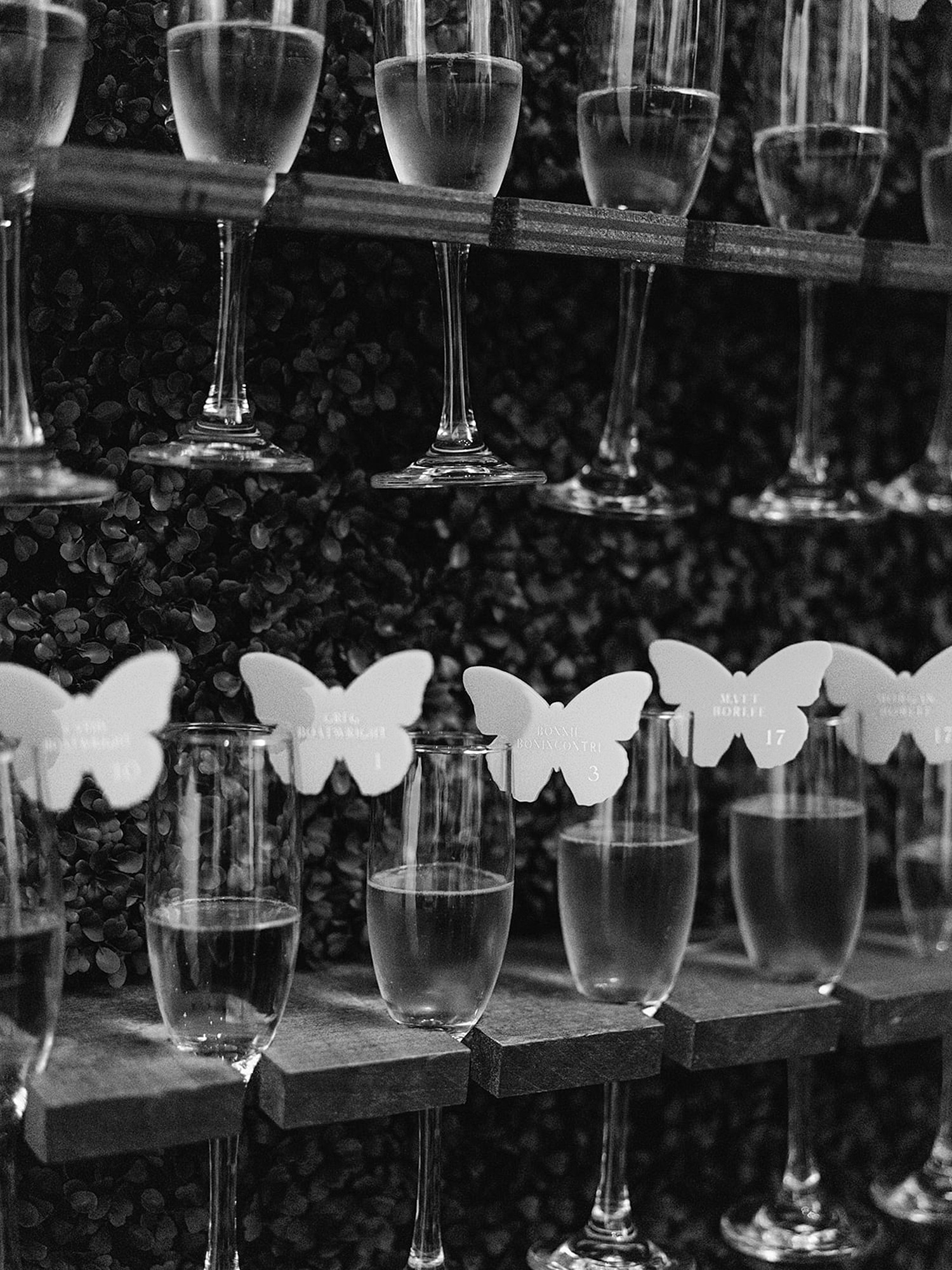 Black and white photo of butterfly decals sitting on champagne flutes