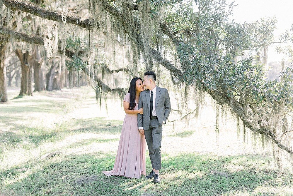engaged couple at wormsloe historic site