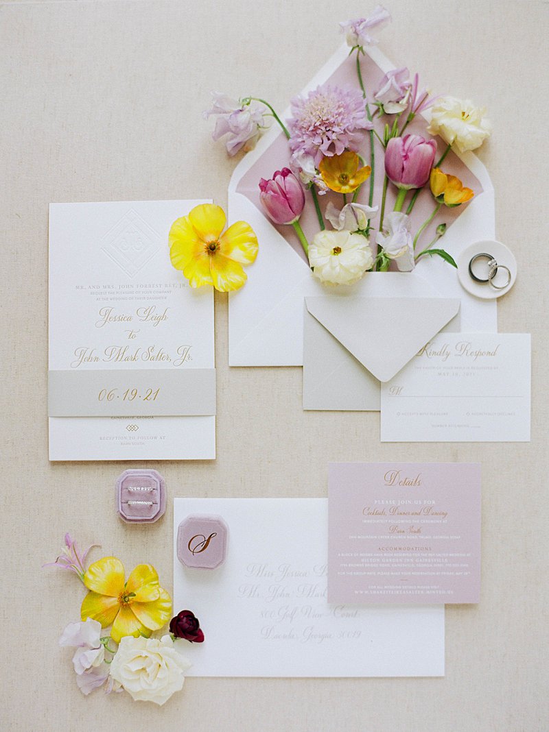 lavender and yellow wedding invitation suite