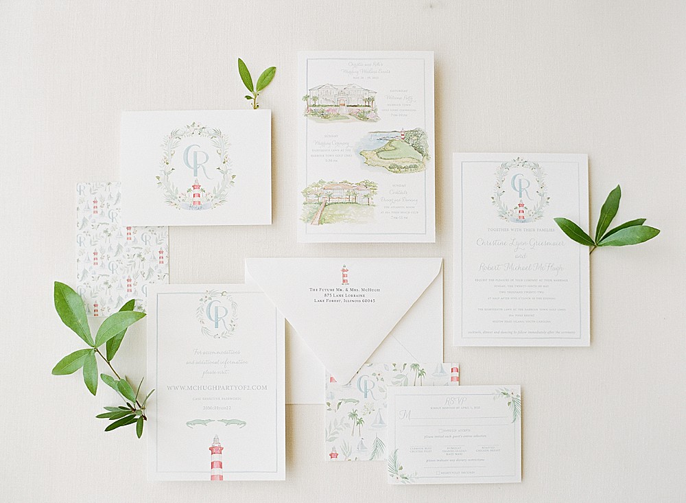 White and green wedding invitation suite with watercolors of Hilton Head Island