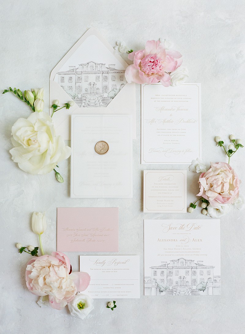 Blush and white invitation suite with gold accents by Paper Daisies Stationery decorated with florals and featuring an envelope liner with a painting of the Swan House in Atlanta